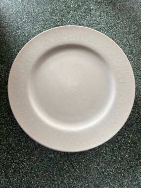 Set of 4 White on White Porcelain Dinner Plates with Floral Design. 10in x 10in.